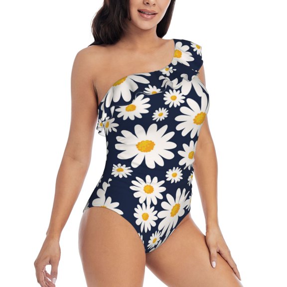 Picia Daisy Floral Pattern Women's One Piece Swimsuits,One Shoulder Swimwear Asymmetric ,Ruffle Monokinis Bathing Suits,High Waisted Flattering Bathing Suits-