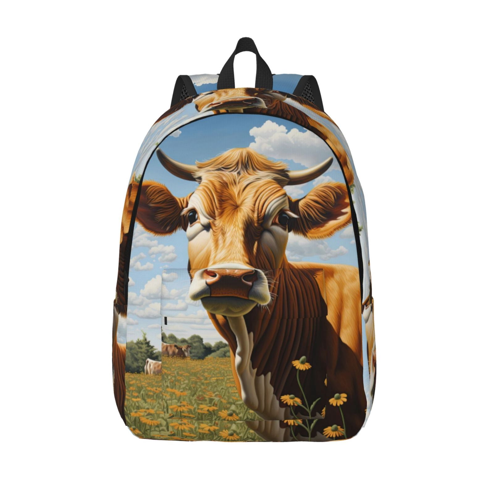 Picia Daisy Flower Field Cow Printed Canvas Daypack - Stylish and Durable Vintage Compact Backpack - Class, Work, Travel, or Laptop Bookbag,Organized Compartments-Medium