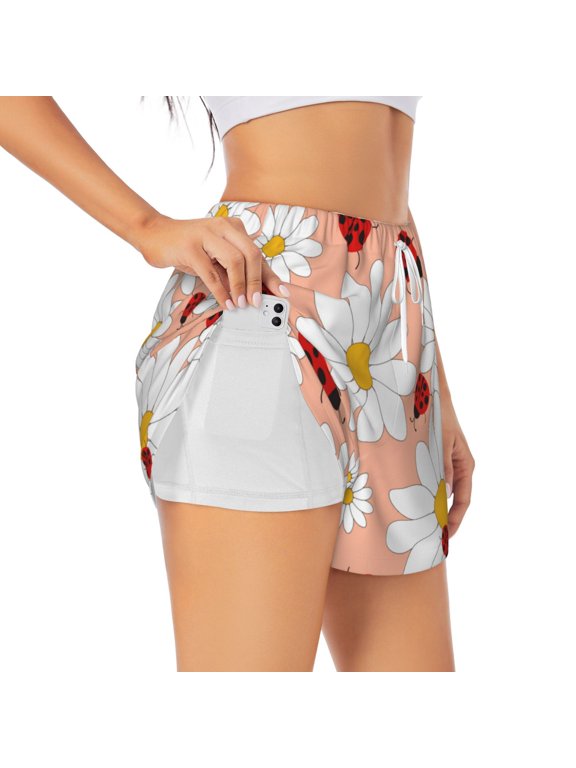 Daisy and Ladybug Pattern Women's 2 in 1 Athletic Running Shorts High Waisted Workout Casual Gym Sweat Shorts with Comfy Liner Zipper Pockets-Large