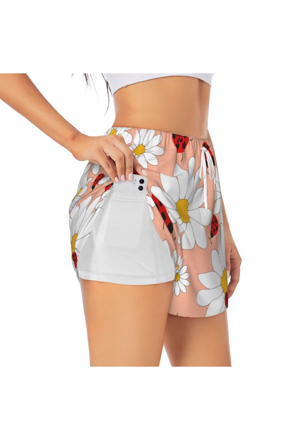 Daisy and Ladybug Pattern Women's 2 in 1 Athletic Running Shorts High Waisted Workout Casual Gym Sweat Shorts with Comfy Liner Zipper Pockets-Small