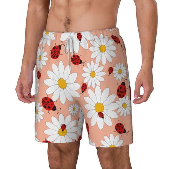 Picia Daisy and Ladybug pattern Mens Swim Trunks with Compression Liner Stretch Beach Shorts Quick Dry with Zipper Pockets No-Chafing Board Shorts-Large