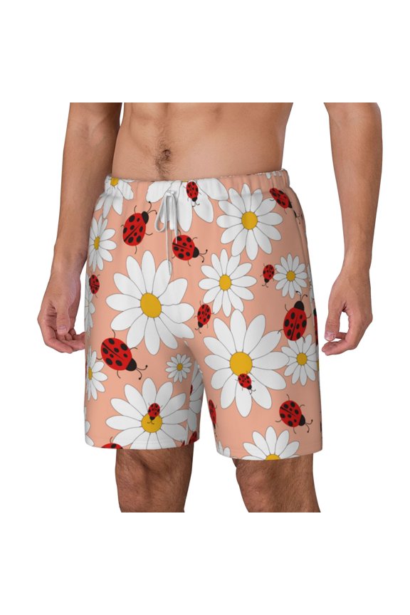Daisy and Ladybug pattern Mens Swim Trunks with Compression Liner Stretch Beach Shorts Quick Dry with Zipper Pockets No-Chafing Board Shorts-Medium