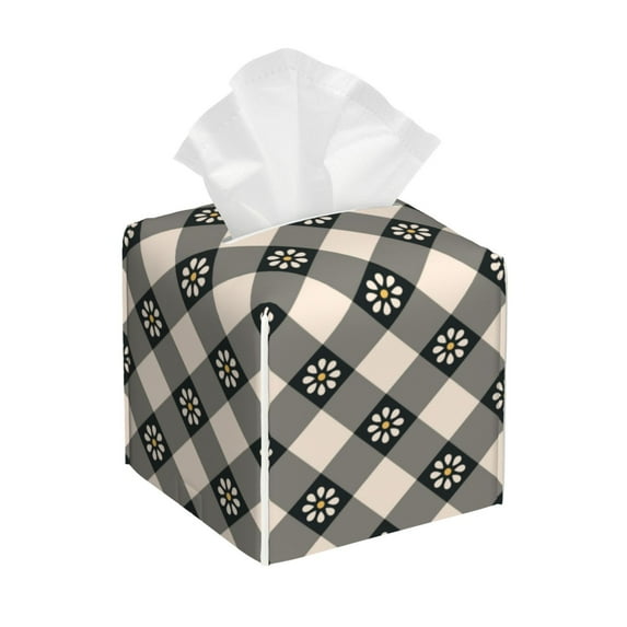 Picia Daisy Plaid Black Pattern Tissue Box Cover,PVC Leather Square Holder,Tissue Box Holder with Magnetic Bottom,Facial Paper Organizer Dispenser-5.2"X5.2"X5.2"