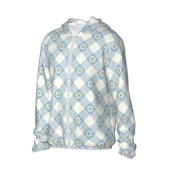 Picia Daisy Plaid Blue Women's Men's UPF 50+ Sun Protection Hoodie Shirt Long Sleeve SPF Fishing Outdoor UV Hiking Lightweight Shirts-X-Large