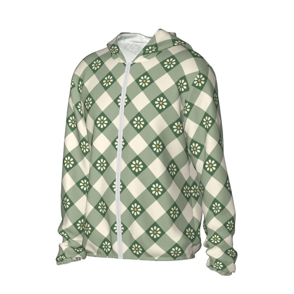 Picia Daisy Plaid Green Women's Men's UPF 50+ Sun Protection Hoodie Shirt Long Sleeve SPF Fishing Outdoor UV Hiking Lightweight Shirts-