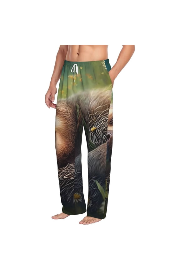 Daisy Sleeping Sloth Mens Soft Woven Cotton Elastic Waistband Sleep Pajama Pant Lounge Sleep Pant With Pockets And Drawstring-Large
