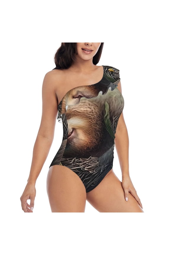 Daisy Sleeping Sloth Pattern Women's One Piece Swimsuits,One Shoulder Swimwear Asymmetric ,Ruffle Monokinis Bathing Suits,High Waisted Flattering Bathing Suits-X-Large