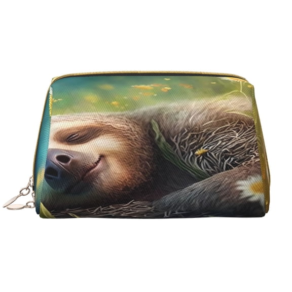 Picia Daisy Sleeping Sloth Print Leather Makeup Bag Make Up Bag Travel Toiletry Bag for Her Girlfriend Teacher Teen Girl Gifts