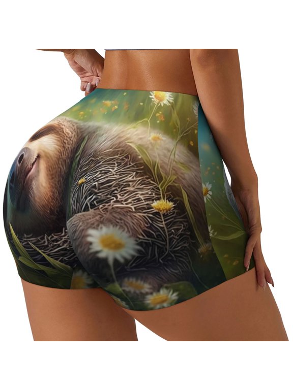 Daisy Sleeping Sloth Printed Workout Shorts for Women Seamless Scrunch Butt Lifting High Waisted Yoga Gym Booty Running Moisture-wicking Short Pants-X-Large