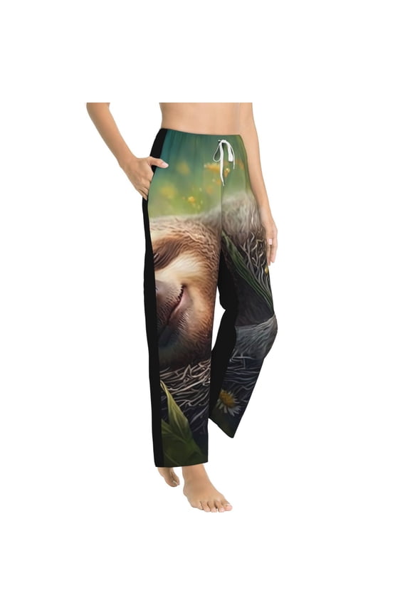 Daisy Sleeping Sloth Womens Soft Woven Cotton Elastic Waistband Sleep Pajama Pant Lounge Sleep Pant With Pockets And Drawstring-Large