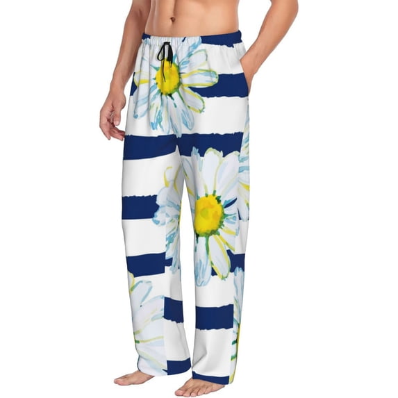 Picia Daisy Striped Nautical Mens Soft Woven Cotton Elastic Waistband Sleep Pajama Pant Lounge Sleep Pant With Pockets And Drawstring-Large