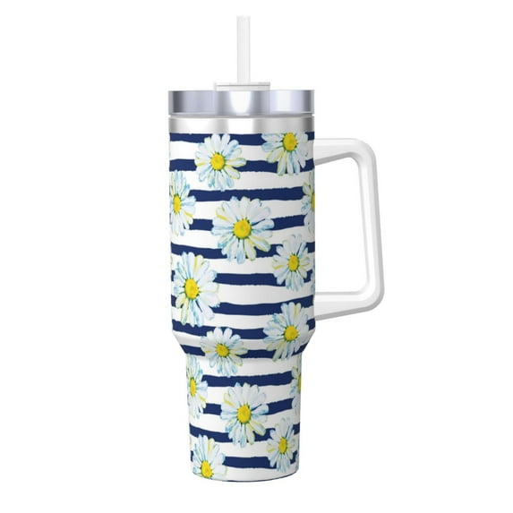 Picia Daisy Striped Nautical Pattern 40oz Ice Bully Insulated Tumbler with Handle, Double-Wall Stainless Steel Cup, Leak-Proof Lid and Straw