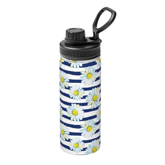 Picia Daisy Striped Nautical Pattern Water Bottle 18 oz Stainless Steel Insulated Bottles With Handle Leak Proof Gym Sport Water Jug BPA-free insulated kettle For Men Women Adults
