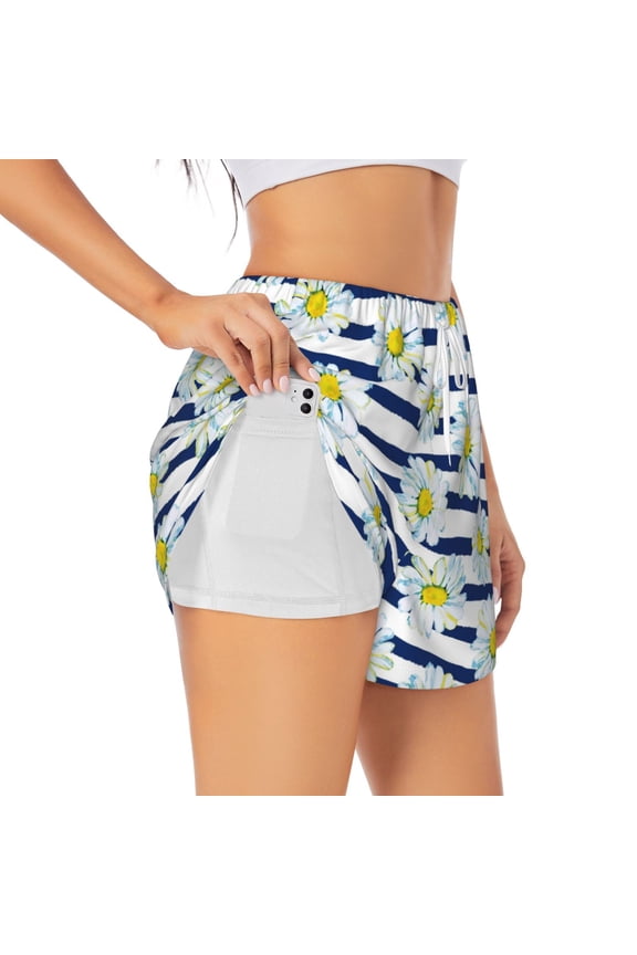 Daisy Striped Nautical Pattern Women's 2 in 1 Athletic Running Shorts High Waisted Workout Casual Gym Sweat Shorts with Comfy Liner Zipper Pockets-Large