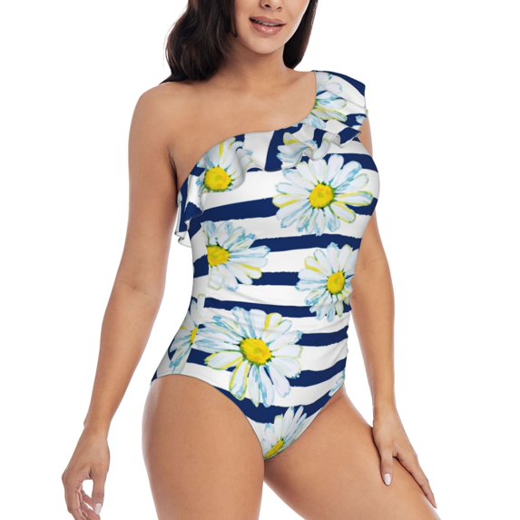 Picia Daisy Striped Nautical Pattern Women's One Piece Swimsuits,One Shoulder Swimwear Asymmetric ,Ruffle Monokinis Bathing Suits,High Waisted Flattering Bathing Suits-