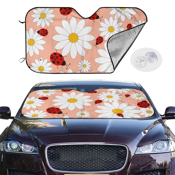 Picia Daisy and Ladybug Curved Windshield Sunshade Accordion Folding Style Auto Shade for Car Truck SUV Van Blocks UV Ray Sun Visor Protector -