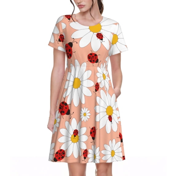 Picia Daisy and Ladybug Pattern Women's Short Sleeve Summer Dress Pleated Loose Swing Knee Length Short Sleeve Swing Dresses