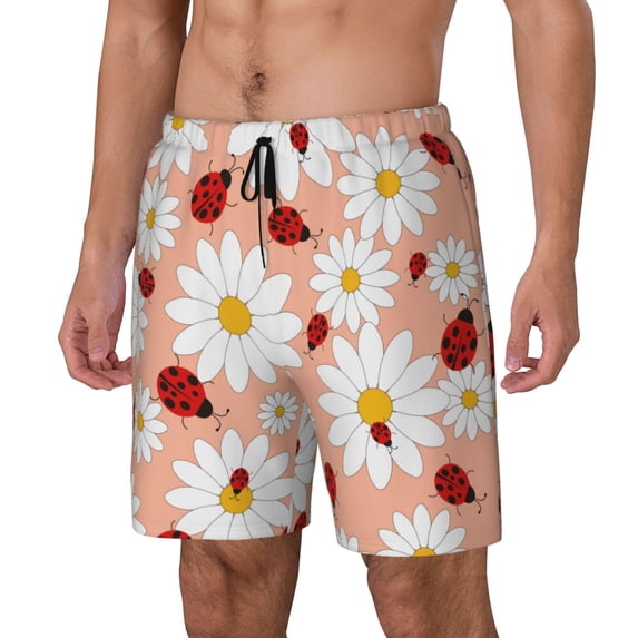 Picia Daisy and Ladybug pattern Mens Swim Trunks with Compression Liner Stretch Beach Shorts Quick Dry with Zipper Pockets No-Chafing Board Shorts-