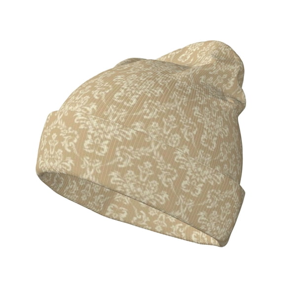 Picia Damask Beige Tan Brown Pattern Knitted Beanie Hat for Men and Women , Unisex Winter Warm Stretchy Knit Cap Thick Fisherman Beanies Cuffed Plain Skull Caps