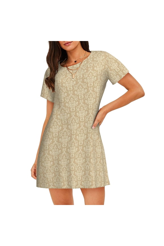 Damask Beige Tan Brown Pattern Women’s Nightdress – Casual Short-sleeved Loose-Fit Sleepwear, Soft Cotton Short-Sleeve Sleep Shirt for Relaxation & Comfort