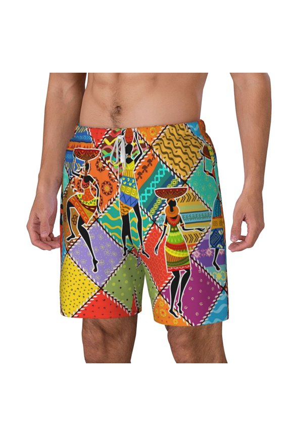 Dancing African Womans pattern Mens Swim Trunks with Compression Liner Stretch Beach Shorts Quick Dry with Zipper Pockets No-Chafing Board Shorts-Small