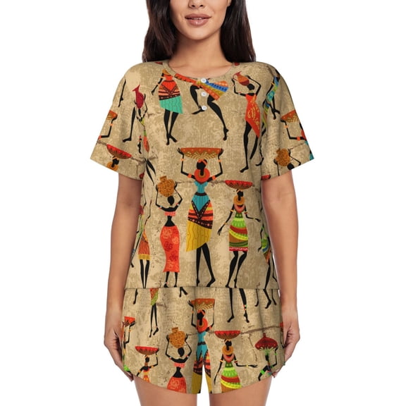 Picia Dancing African Women Pajamas Sets for Women Soft Short-Sleeved Pjs with Lounge Shorts Two Piece Sleepwear-Small