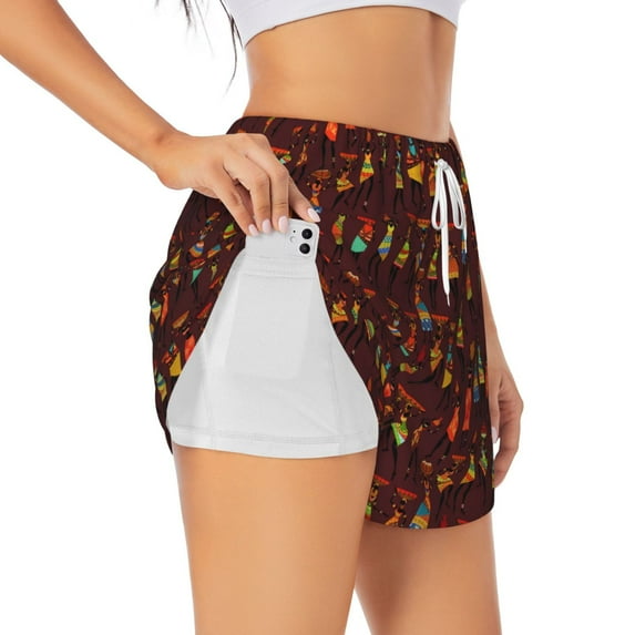 Picia Dancing African Women1 Pattern Women's 2 in 1 Athletic Running Shorts High Waisted Workout Casual Gym Sweat Shorts with Comfy Liner Zipper Pockets-XX-Large