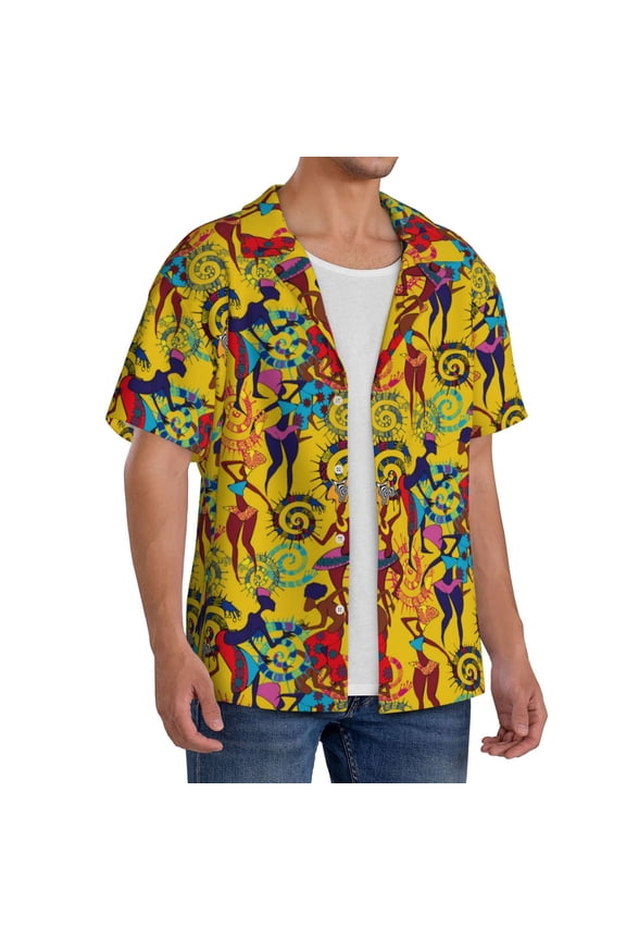 Dancing African Womens Men's Linen Shirts Short Sleeve Cuban Beach Shirts Casual Shirts Button Down Shirt for Men Beach Summer Wedding Shirt-X-Large