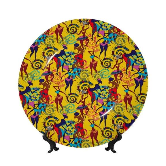 Picia Dancing African Womens Pattern Bone China Decorative Plate – Wall Decor with Stand and Adhesive, Elegant Ornament for Living Room, Office, or Entryway-6in