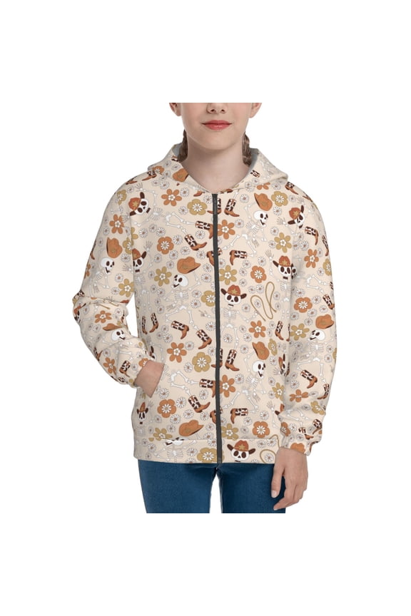 Dancing Cowboy Skeleton for Boys Fashion Full-zip Hoodies & Sweatshirts with Kangaroo Pocket,Zip-up Hooded Sweatshirt for Kid, Moisture Wicking & Breathable-Medium