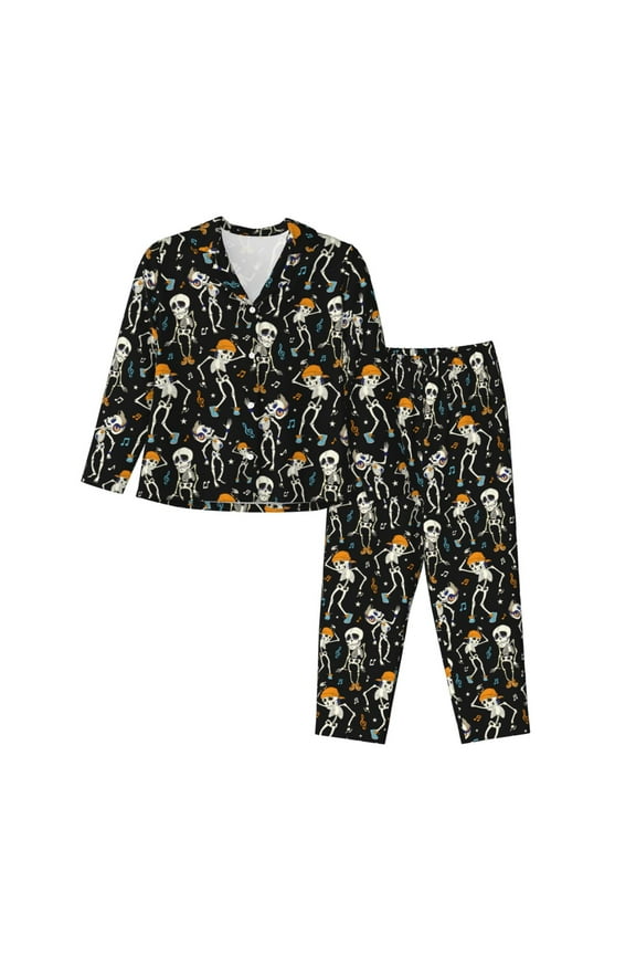 Dancing Skeleton Party Pattern Women’s Long-Sleeve Sleepwear Set - Soft 2-Piece Loungewear with Pockets, Comfy PJs for Relaxing Nights-X-Large