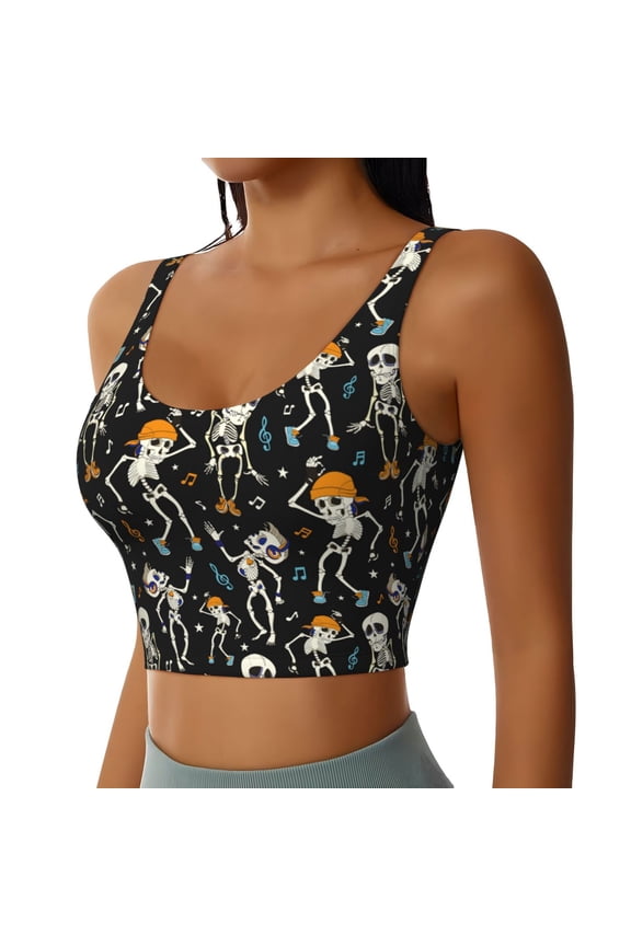 Dancing Skeleton Party Sports Bra for Women,Padded Strappy Sports Bras Medium Support Yoga Bra with Removable Cups,Running Yoga Bra-XX-Large