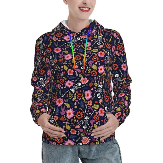 Picia Dancing Skeletons Floral Garden Pattern Casual Women's Hoodie, Hooded Sweatshirt with Kangaroo Pocket, Comfortable Pullover with Eye-catching Drawstrings-XX-Large