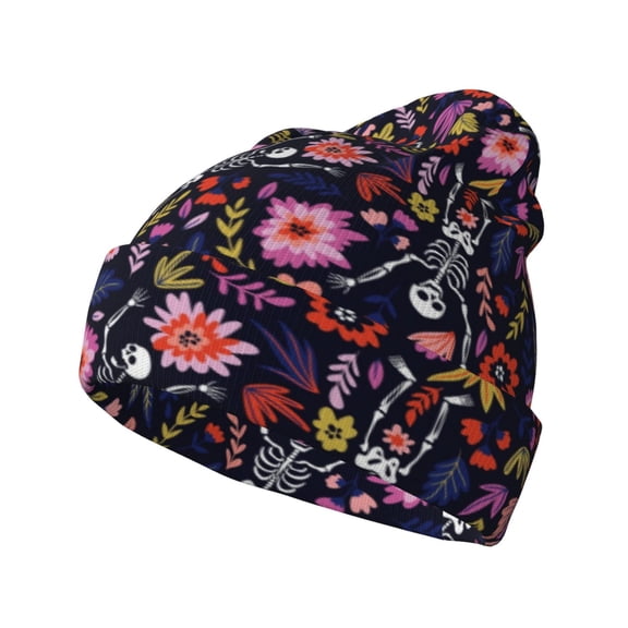 Picia Dancing Skeletons Floral Garden Pattern Knitted Beanie Hat for Men and Women , Unisex Winter Warm Stretchy Knit Cap Thick Fisherman Beanies Cuffed Plain Skull Caps