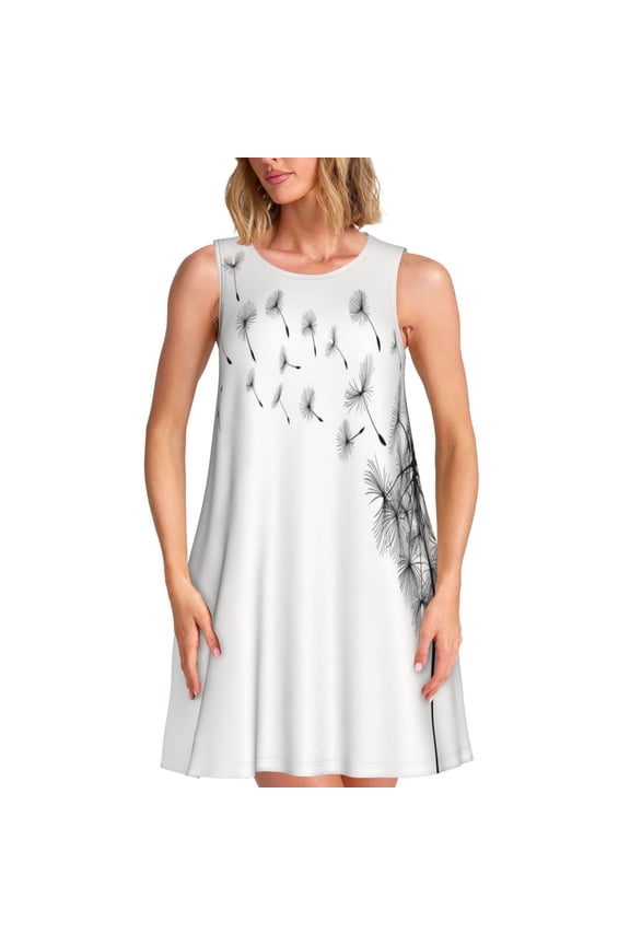 Dandelion Blowing In The Wind Print Women’s Sleeveless Midi Swing Dress – A-Line Pleated Tank Sundress, Comfortable and Flowy T-Shirt Dress