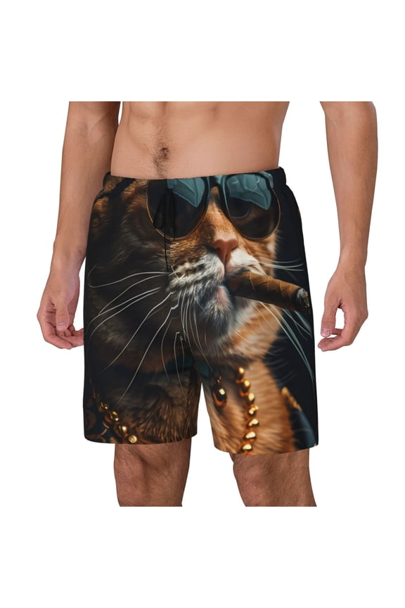 Dapper Cat in Sunglasses pattern Mens Swim Trunks with Compression Liner Stretch Beach Shorts Quick Dry with Zipper Pockets No-Chafing Board Shorts-Large