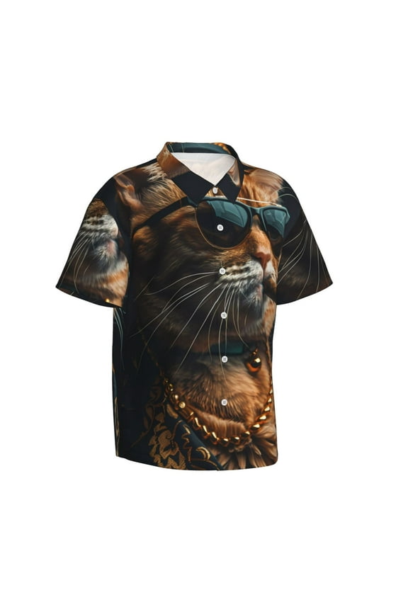 Dapper Cat in Sunglasses Gentle Cotton Regular Fit Short Sleeve Casual Hawaiian Shirt for Men-Medium