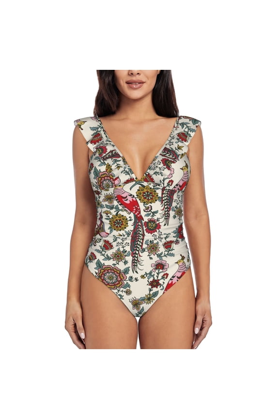Dark Enchanted Flowers And Birds Blooming Jelly Womens Tummy Control Bathing Suits Slimming Ruffle Swimsuit One Piece Lace Swimwear-