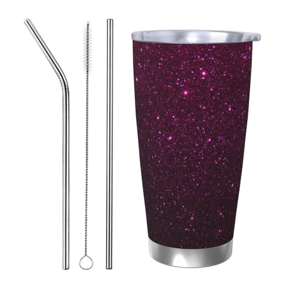 Picia Dark Purple Glitter Pattern 20 oz Tumbler Stainless Steel Vacuum Insulated Coffee Ice Cup Double Wall Travel Flask Dual Lid Water Bottle, Eco-friendly Car Cup-Straw Three-piece Set