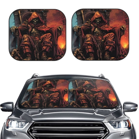 Picia Dark Skull King Throne 2 Piece Car Windshield Sun Shade Foldable | Foldable Sun Shield for Front Window Blocks UV Rays and Keeps Your Vehicle Cool-Medium