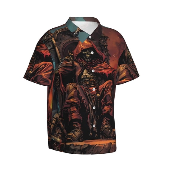 Picia Dark Skull King Throne Gentle Cotton Regular Fit Short Sleeve Casual Hawaiian Shirt for Men-XX-Large