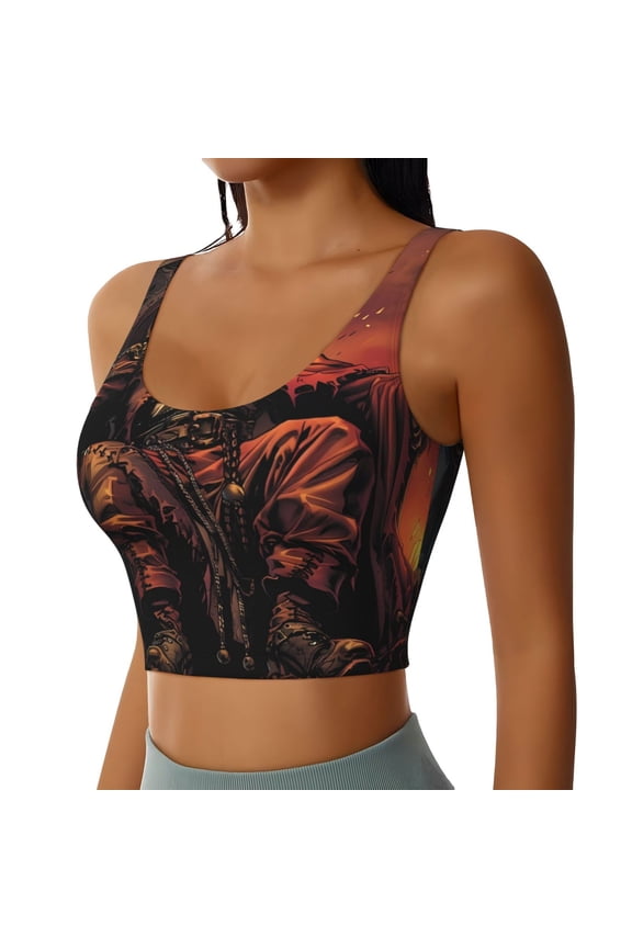 Dark Skull King Throne Sports Bra for Women,Padded Strappy Sports Bras Medium Support Yoga Bra with Removable Cups,Running Yoga Bra-Large