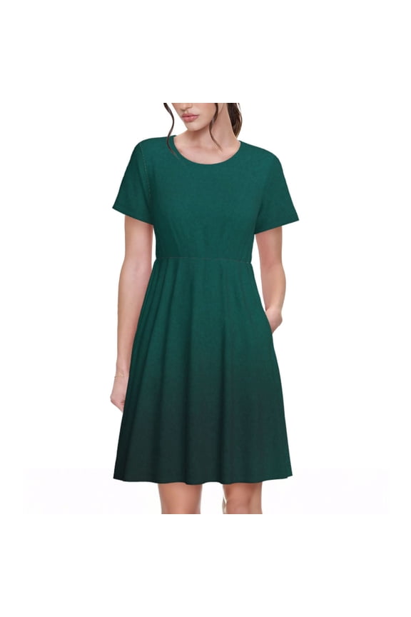 Dark teal green Pattern Women's Short Sleeve Summer Dress Pleated Loose Swing Knee Length Short Sleeve Swing Dresses