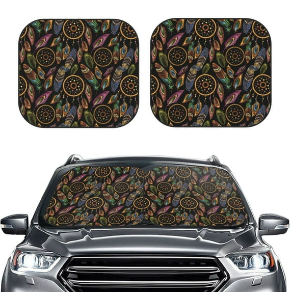 Picia Decorative Feathers 2 Piece Car Windshield Sun Shade Foldable | Foldable Sun Shield for Front Window Blocks UV Rays and Keeps Your Vehicle Cool-Small