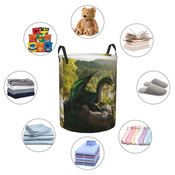 Picia Deep Forest Stone Green Dragon Large Laundry Basket, Waterproof, Freestanding Laundry Hamper, Collapsible Tall Clothes Hamper with Extended Handles-Small