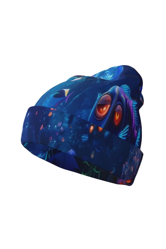 Deep Sea Glowing Fishes Pattern Knitted Beanie Hat for Men and Women , Unisex Winter Warm Stretchy Knit Cap Thick Fisherman Beanies Cuffed Plain Skull Caps