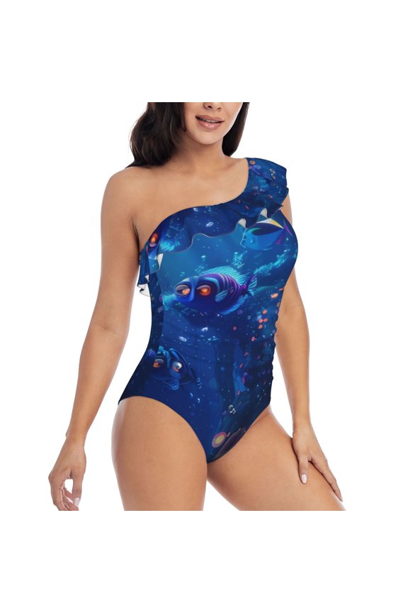 Deep Sea Glowing Fishes Pattern Women's One Piece Swimsuits,One Shoulder Swimwear Asymmetric ,Ruffle Monokinis Bathing Suits,High Waisted Flattering Bathing Suits-Medium