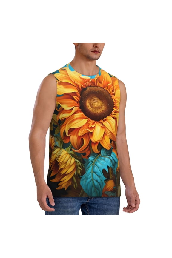 Deep Yellow Colorful Sunflower mens Cotton Tank Undershirts , Moisture-wicking Ribbed Tanks, Lightweight Cotton Tank Undershirts-Small