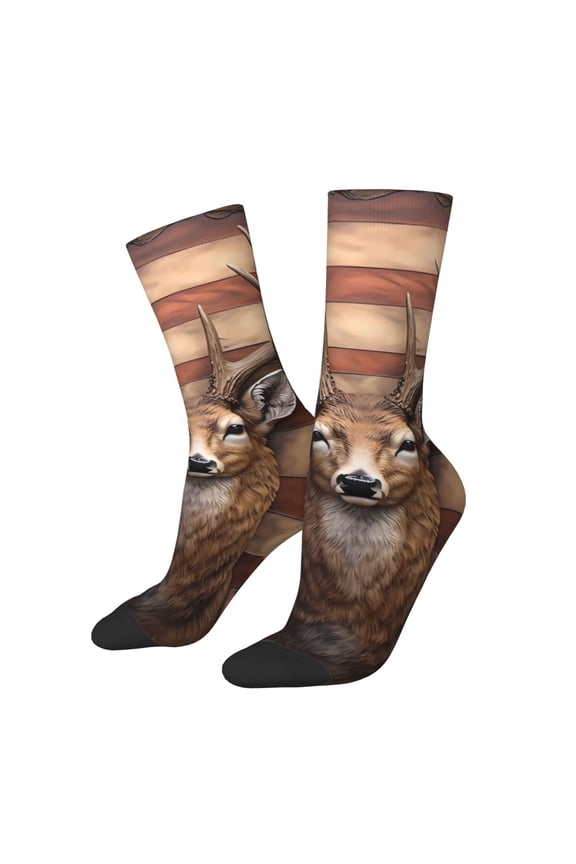 Deer American Flag Wall Print Athletic Socks for Men & Women – Cushioned Moisture-Wicking Crew Socks for Sports, Running, and Training, Soft & Breathable Size 5-11