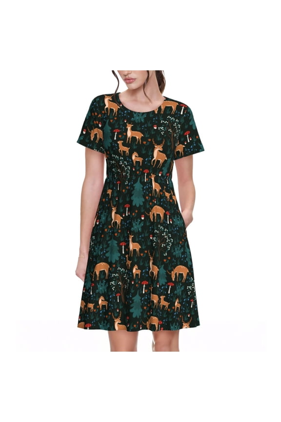 Deers In The Forest Pattern Women's Short Sleeve Summer Dress Pleated Loose Swing Knee Length Short Sleeve Swing Dresses
